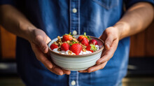 Pair of hands holding a bowl of yogurt topped with fresh strawberries