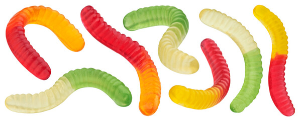 Gummy worm candies isolated on white background