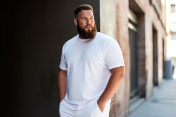 Wall Mural - Plus-sized male model, showcasing a stylish white tshirt mockup.