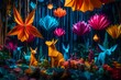 A whimsical and colorful paper art installation in a fantasy forest, with oversized origami animals, vibrant flowers, and cascading waterfalls