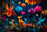 Fototapeta  - A whimsical and colorful paper art installation in a fantasy forest, with oversized origami animals, vibrant flowers, and cascading waterfalls