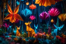 A Whimsical And Colorful Paper Art Installation In A Fantasy Forest, With Oversized Origami Animals, Vibrant Flowers, And Cascading Waterfalls