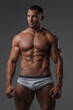 © Fxquadro - Portrait of a rugged man with a well-groomed model appearance, wearing white briefs, and showcasing his bare muscular torso against a gray background