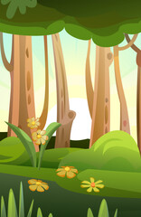 Wall Mural - flowers in summer forest. view of trees. scenery landscape. fun cartoon style. vector
