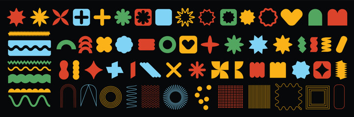 Geometric shapes abstract flower vector set, funky star figure icon kit, retro brutal minimal art. Simple Memphis y2k elements collection, wavy line grid flat bauhaus template. Geometric shapes forms