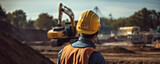 Fototapeta  - A construction worker in a reflective jacket with a safety helmet looks into the distance at a construction site with excavator in background