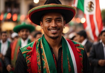 Wall Mural - Handsome mexico men celebrate mexico day, flag and blurred crowd of people on the background