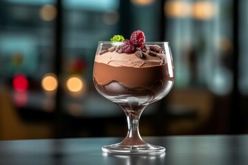 Wall Mural - Chocolate pudding glass table. Swirl sweet food treat creamy. Generate Ai