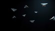 Paper planes flying in the air, solid black background