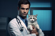 Portrait of a veterinarian man with a cat in his arms in a hospital, generated ai