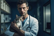Portrait of a veterinarian man with a cat in his arms in a hospital, generated ai