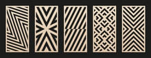 Laser Cut Patterns Set. Vector Collection Of CNC Cutting Templates With Abstract Geometric Ornament, Grid, Lines, Chevron. Decorative Stencil For Laser Cut Of Wood, Metal, Plastic. Aspect Ratio 1:2