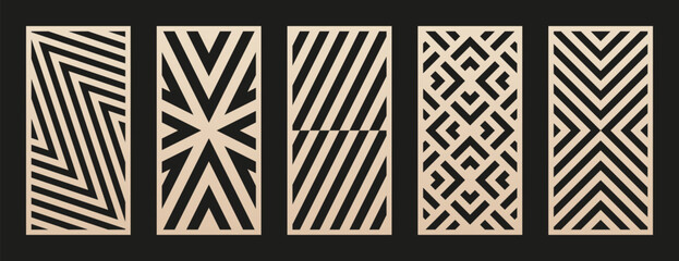 Aufkleber - Laser cut patterns set. Vector collection of CNC cutting templates with abstract geometric ornament, grid, lines, chevron. Decorative stencil for laser cut of wood, metal, plastic. Aspect ratio 1:2