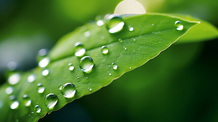 Wall Mural - water drops on green leaf