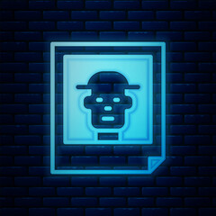 Poster - Glowing neon Photo icon isolated on brick wall background. Vector