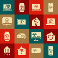 Wall Mural - Set Mobile phone with smart house and alarm, House under protection, Laptop light bulb, home wi-fi, temperature, Computer monitor, and Smart icon. Vector