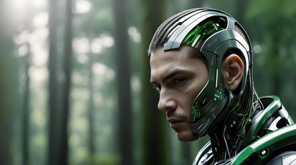 Handsome human cyborg hybrid and green forest background, futuristic man, recycling society, green tech, sustainable development goals. SDGs, environmental technology concept, with copy space