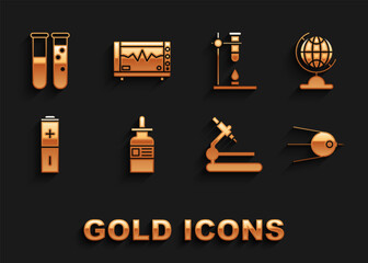 Sticker - Set Glass bottle with a pipette, Earth globe, Satellite, Microscope, Battery, test tube flask on fire heater, Test and chemical laboratory and Computer monitor cardiogram icon. Vector