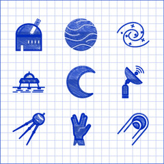 Wall Mural - Set Moon and stars, Vulcan salute, Satellite, Radar, Mars rover, Black hole and Astronomical observatory icon. Vector