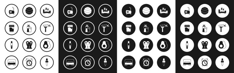 Poster - Set Time to sleep, Bottle of water with glass, Glass, Stationary bicycle, Carrot fork, Fitness ball, Avocado fruit and Smartwatch icon. Vector