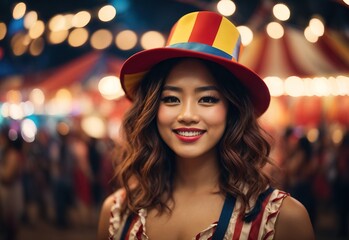 Wall Mural - Beautiful asian women wearing circus suit costume and hat, circus playground on the background