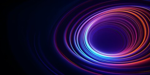 Abstract colorful circular lines on dark blue background copy negative space radial moving flow glow optical art 3d illustration