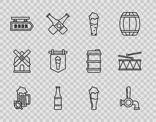 Sticker - Set line Glass of beer and hop, Beer tap, bottle, Street signboard with inscription, glass, and Musical instrument drum drum sticks icon. Vector