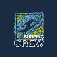 Wall Mural - Surfing crew typography waves scribble texture summer beach surfer tee graphic