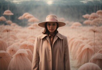 Wall Mural - Fashion women wearing hat and coat, diffused colors adding to the surreal atmosphere