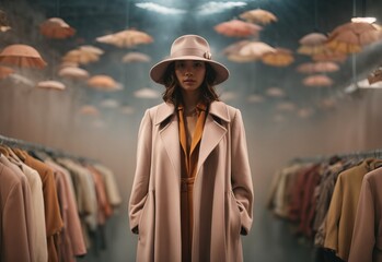 Wall Mural - Fashion women wearing hat and coat, diffused colors adding to the surreal atmosphere