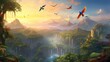 an AI scene of a tropical valley with vibrant parrots filling the air with their lively chatter
