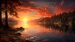 an AI visual of a picturesque lakeside scene at sunset, with the fiery sky casting a warm glow on the peaceful water