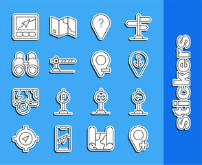 Poster - Set line Location, Traffic sign turn left, with anchor, Unknown route point, Parking car barrier, Binoculars, Gps device map and icon. Vector