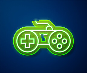 Canvas Print - Glowing neon line Gamepad icon isolated on blue background. Game controller. Vector