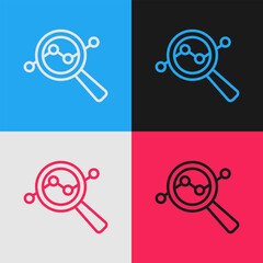 Canvas Print - Pop art line Magnifying glass and data analysis icon isolated on color background. Search sign. Vector