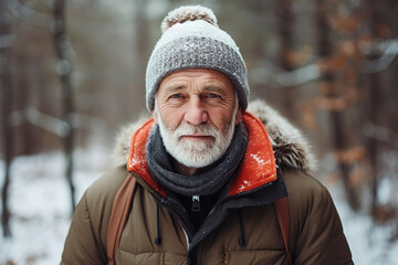 Wall Mural - Bearded serious man guy photographing at scenic wonderful winter snowy forest Generative AI