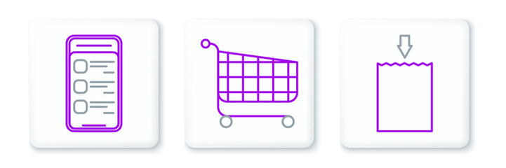 Canvas Print - Set line Paper shopping bag, Online on mobile phone and Shopping cart icon. Vector