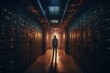 Person standing in front of dark server room. Cyber security specialist in database centrum. Generate ai