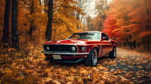 American Muscle Car In The Autumn Forest