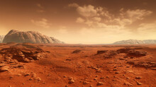 Landscape On The Planet Mars, Surface Is A Picturesque Desert On Red Planet. Artwork