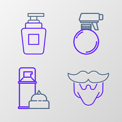 Poster - set line mustache and beard, shaving gel foam, hairdresser pistol spray bottle and bottle of shampoo