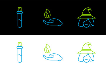 Wall Mural - Set line Witch, Bottle with love potion and Hand holding a fire icon. Vector