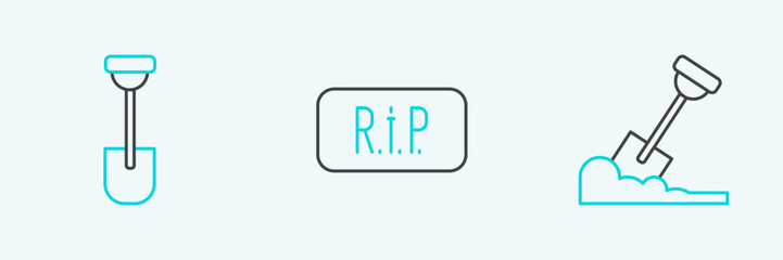 Sticker - Set line Shovel in the ground, and Speech bubble rip death icon. Vector