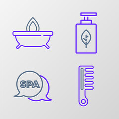 Poster - Set line Hairbrush, Spa salon, Essential oil bottle and Aroma candle icon. Vector