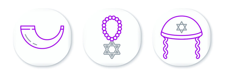 Poster - Set line Jewish kippah, Traditional ram horn, shofar and Star David necklace chain icon. Vector