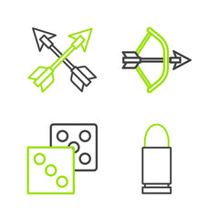 Poster - Set line Bullet, Game dice, Bow and arrow in quiver and Crossed arrows icon. Vector