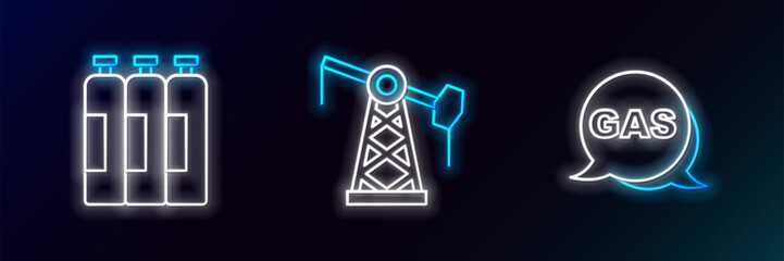 Canvas Print - Set line Location and gas station, Industrial cylinder tank and Oil pump or pump jack icon. Glowing neon. Vector