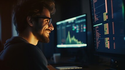 Wall Mural - A happy investor analyzes the graph