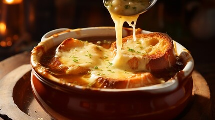 Wall Mural - an image of a bowl of French onion soup with melted cheese bubbling on top