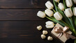 Happy birthday banner with bouquet of tulips and gift box on black background. 3d realistic style.